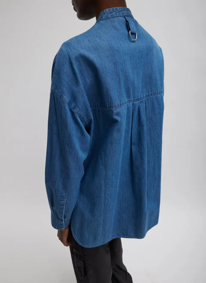 Women Denim Tibi Light Weight Stone Wash Denim Tuxedo Shirt Denim Blue