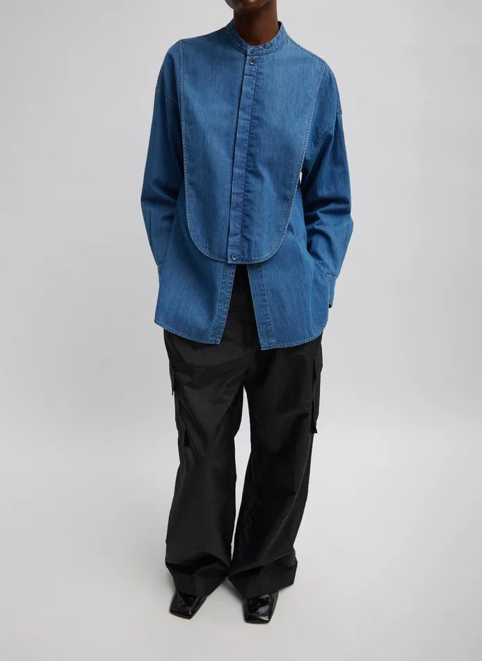 Women Denim Tibi Light Weight Stone Wash Denim Tuxedo Shirt Denim Blue