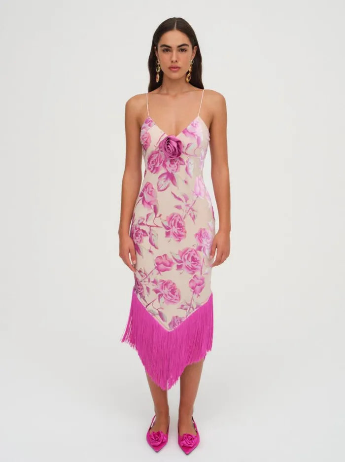 Women Dresses For Love and Lemons Rori Fringe Midi Dress Pink