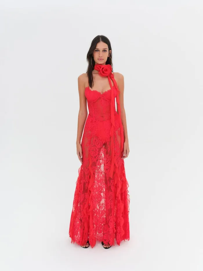 Women Dresses For Love and Lemons Shirley Lace Maxi Dress Red