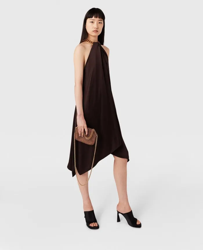 Women Dresses Stella McCartney Chain Halterneck Satin Midi Dress Chocolate Brown