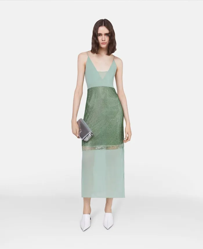 Women Dresses Stella McCartney Crystal Panel Satin Slip Dress Sage Women Dresses Stella McCartney Crystal Panel Satin Slip Dress Sage
