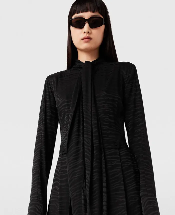 Women Dresses Stella McCartney Tiger Print TieNeck Midi Dress Black Tiger Print