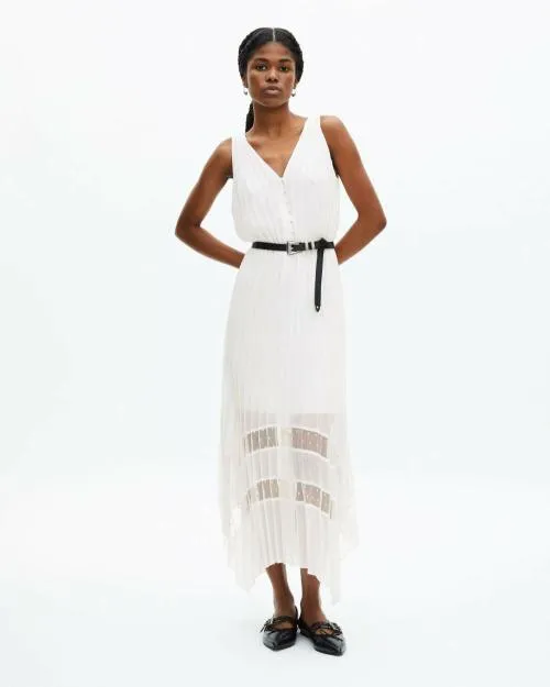 Women Dresses The Kooples White Plumetis Long Pleated Dress Ecru