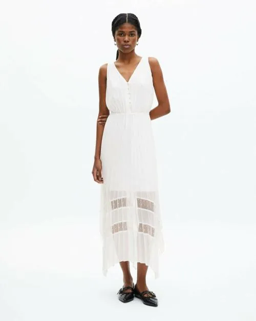 Women Dresses The Kooples White Plumetis Long Pleated Dress Ecru