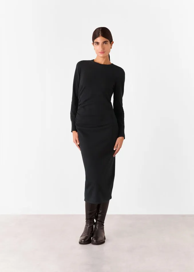 Women Dresses Whistles Black Gathered Side Midi Knit Dress