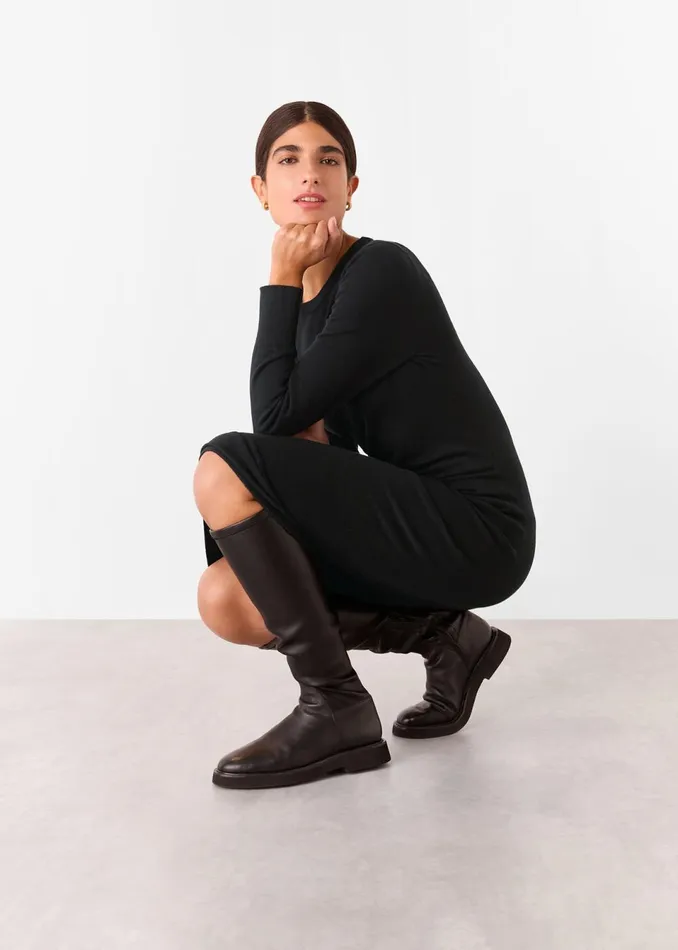 Women Dresses Whistles Black Gathered Side Midi Knit Dress