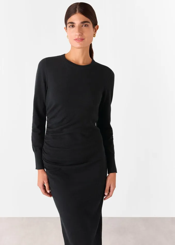 Women Dresses Whistles Black Gathered Side Midi Knit Dress