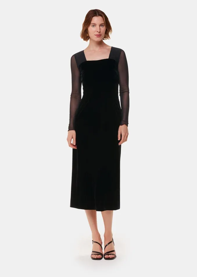 Women Dresses Whistles Black Mesh Sleeve Velvet Dress
