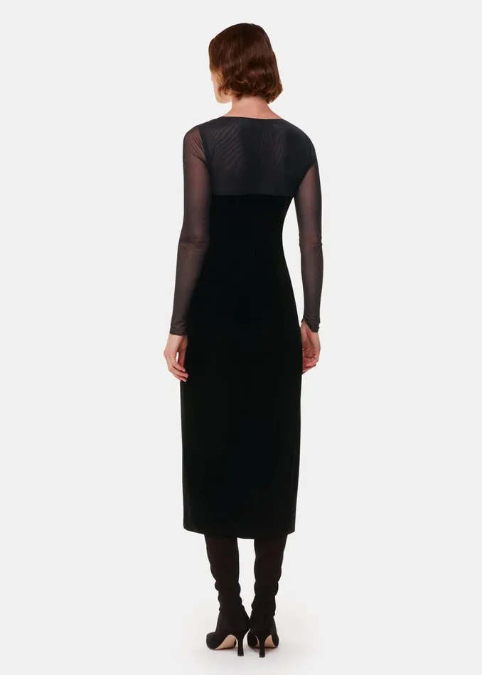Women Dresses Whistles Black Mesh Sleeve Velvet Dress
