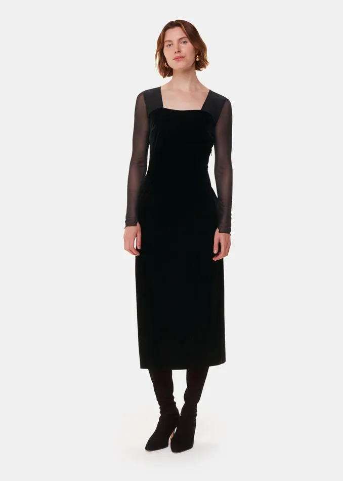 Women Dresses Whistles Black Mesh Sleeve Velvet Dress