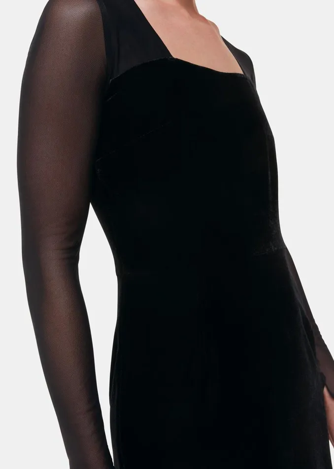 Women Dresses Whistles Black Mesh Sleeve Velvet Dress