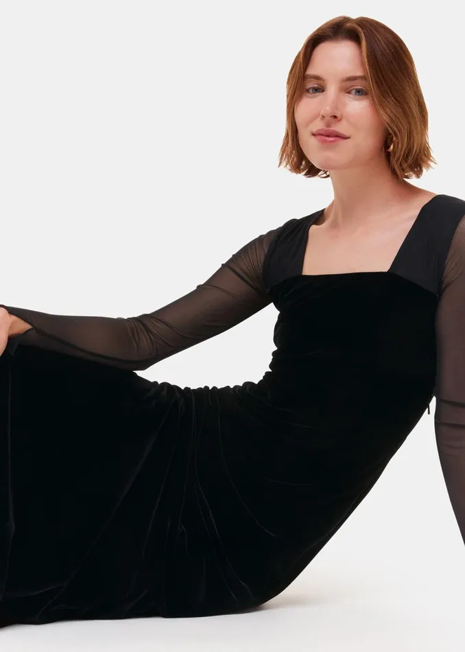 Women Dresses Whistles Black Mesh Sleeve Velvet Dress