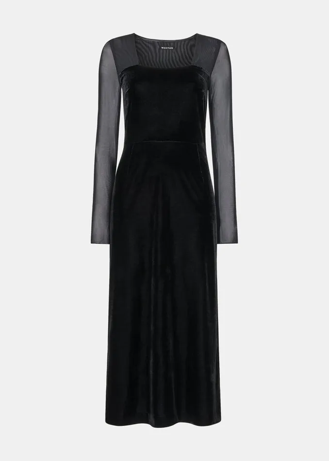 Women Dresses Whistles Black Mesh Sleeve Velvet Dress
