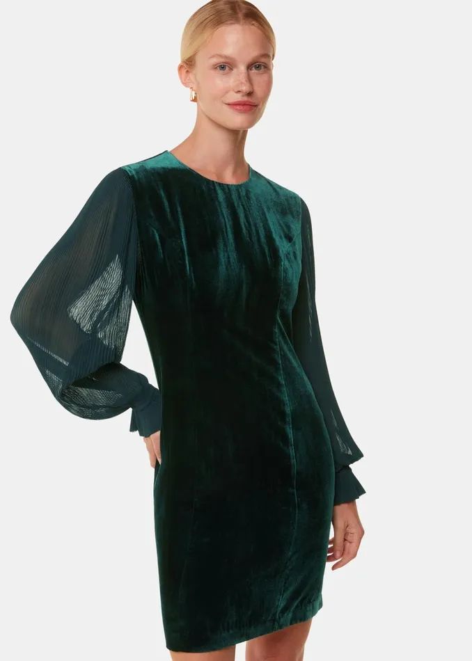 Women Dresses Whistles Dark Green Velvet Pleated Sleeve Dress