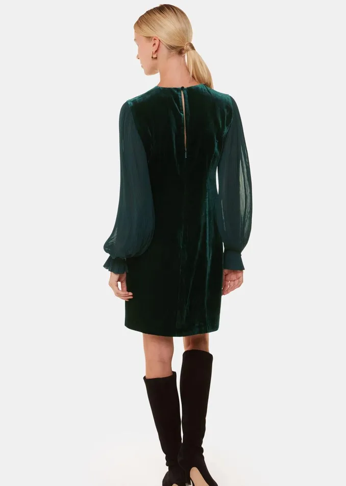 Women Dresses Whistles Dark Green Velvet Pleated Sleeve Dress