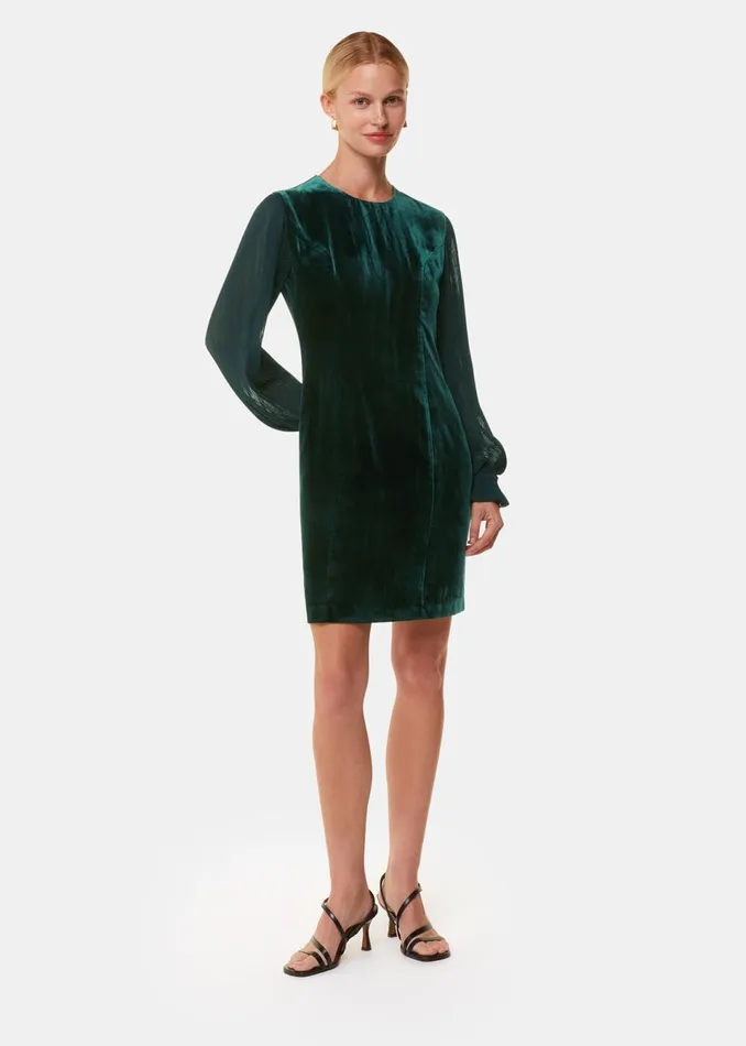 Women Dresses Whistles Dark Green Velvet Pleated Sleeve Dress