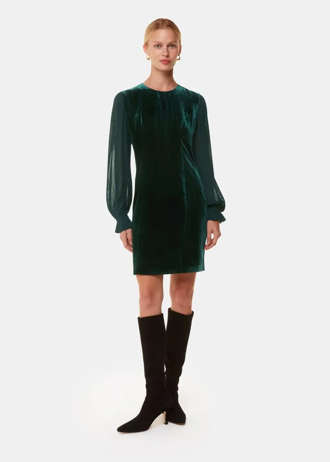 Women Dresses Whistles Dark Green Velvet Pleated Sleeve Dress
