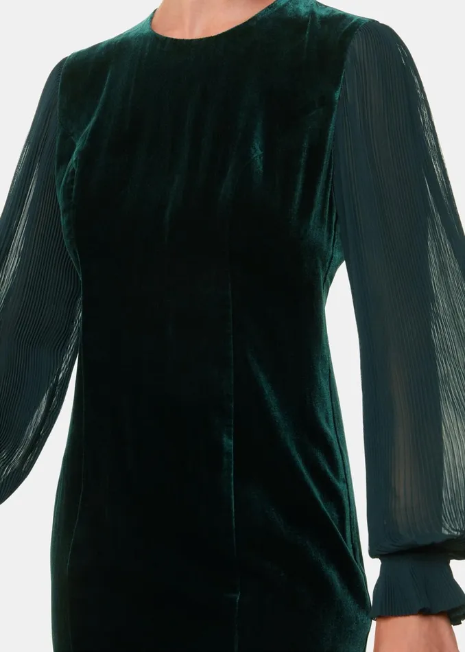 Women Dresses Whistles Dark Green Velvet Pleated Sleeve Dress