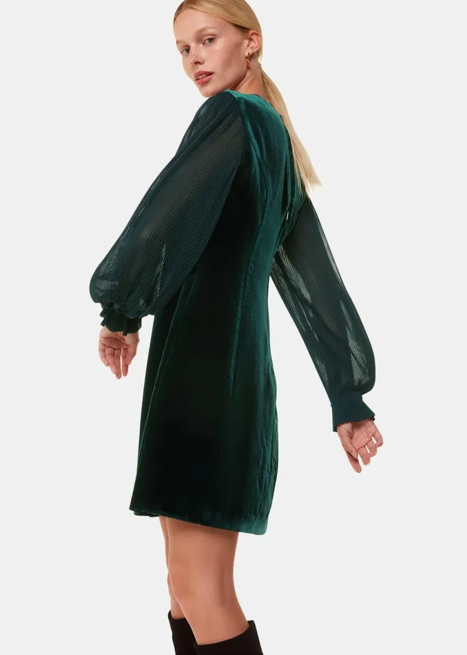 Women Dresses Whistles Dark Green Velvet Pleated Sleeve Dress