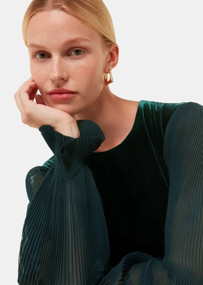 Women Dresses Whistles Dark Green Velvet Pleated Sleeve Dress