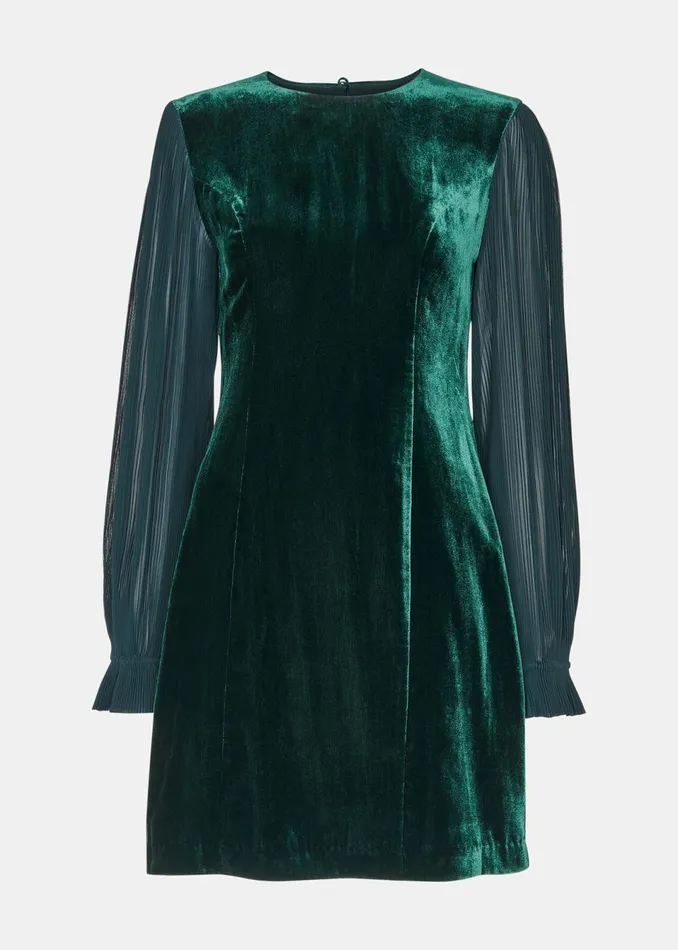 Women Dresses Whistles Dark Green Velvet Pleated Sleeve Dress