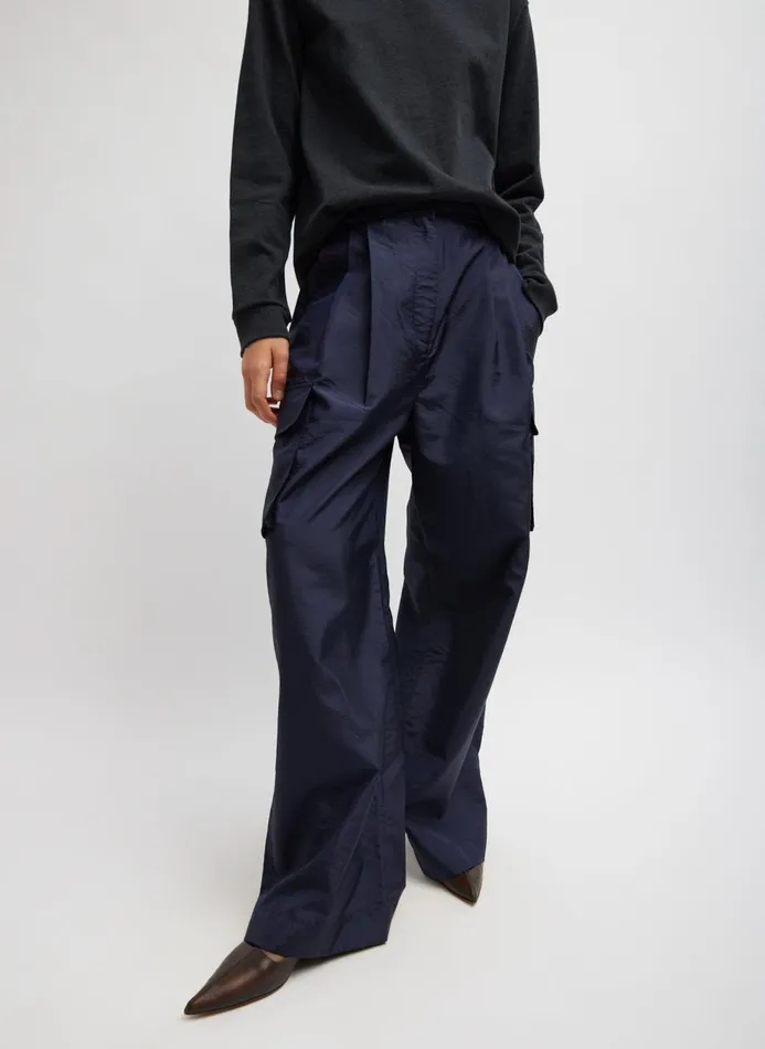 Women Fundamentals Tibi Crispy Nylon Stella Pleated Cargo Pant Navy