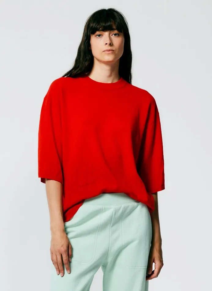 Women Fundamentals Tibi Feather Weight Cashmere Oversized Easy TShirt Red