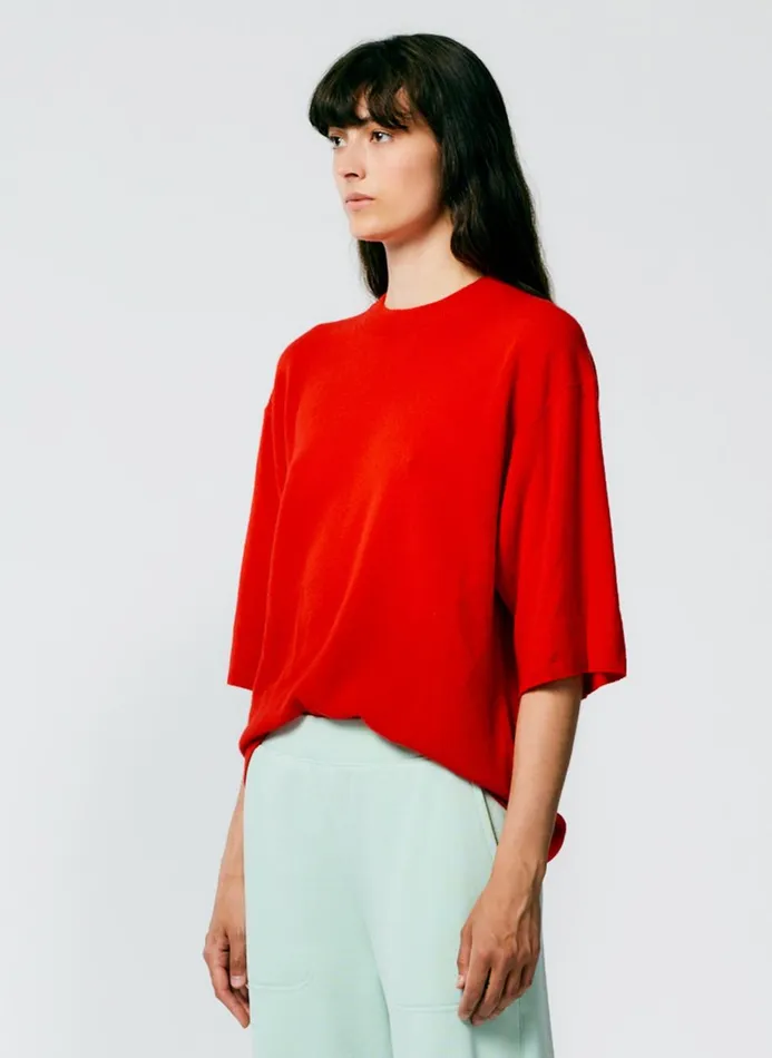 Women Fundamentals Tibi Feather Weight Cashmere Oversized Easy TShirt Red