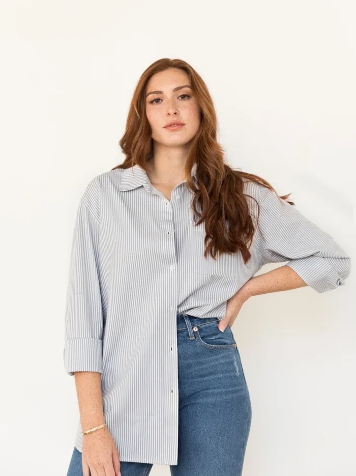 Women Harris Oversized Button Down Shirt BlueWhite Stripe Denim Able