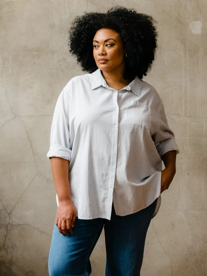 Women Harris Oversized Button Down Shirt BlueWhite Stripe Denim Able