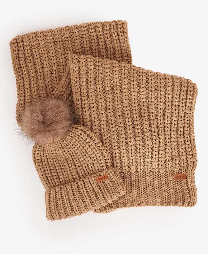 Women Hats Barbour Saltburn Beanie and Scarf Gift Set Mink