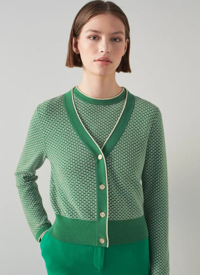 Women Honey Green And Cream CottonMerino Waffle Knit Cardigan Fern Green Cream LKBennett Knitwear Women Honey Green And Cream CottonMerino Waffle Knit Cardigan Fern Green Cream LKBennett Knitwear
