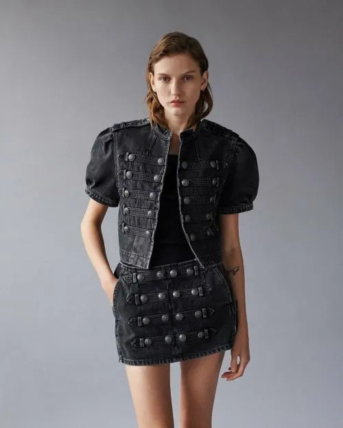 Women Jackets and Blazers The Kooples Grey Denim Officer Style Jacket Black Washed