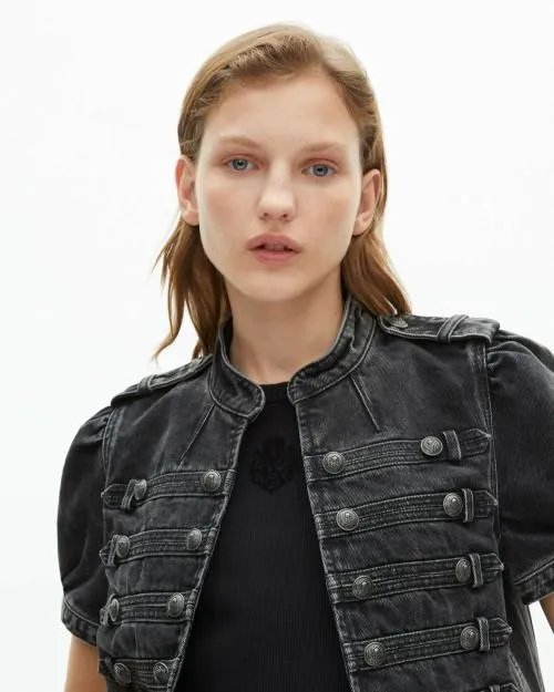 Women Jackets and Blazers The Kooples Grey Denim Officer Style Jacket Black Washed