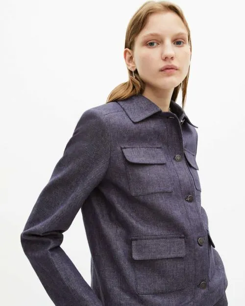 Women Jackets and Blazers The Kooples Short Blue Cotton And Linen Jacket Blue