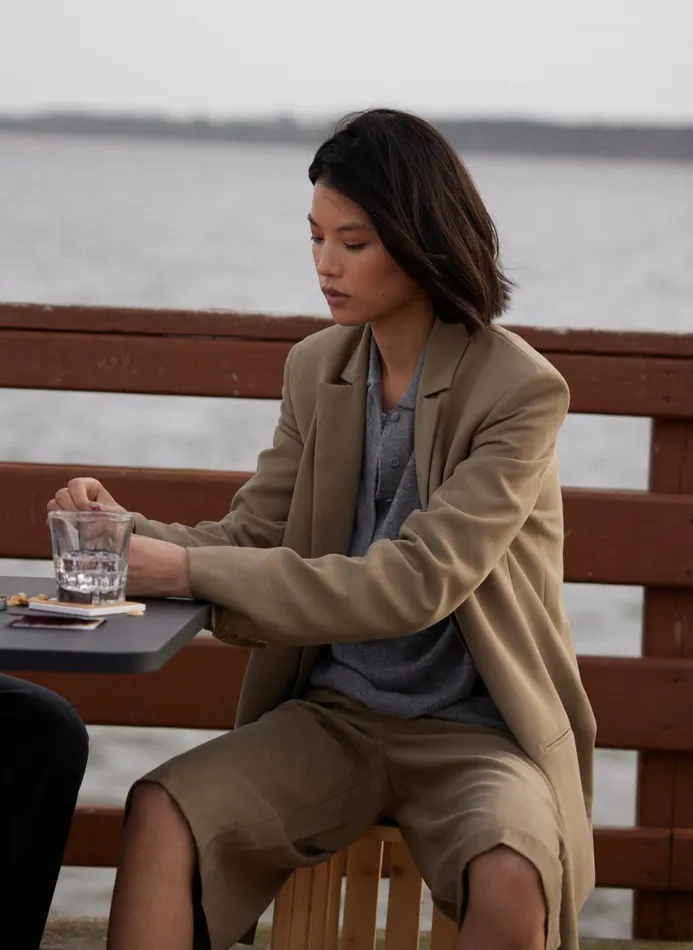 Women Jackets and Outerwear Tibi Fluid Suiting Double Breasted Blazer Walnut