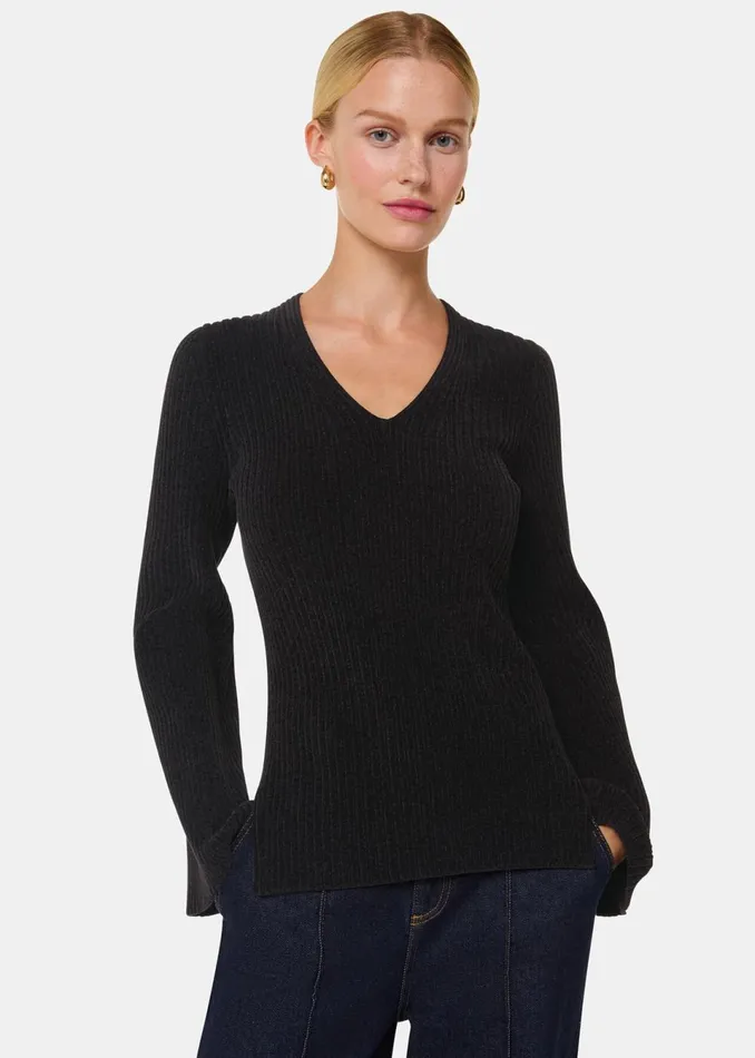 Women Knitwear and Cashmere Whistles Black Chenille V Neck Knit