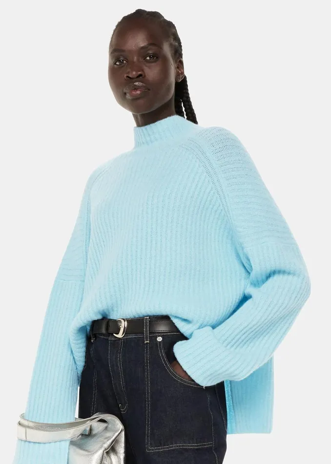 Women Knitwear and Cashmere Whistles Pale Blue Wool Mix Rib Funnel Neck