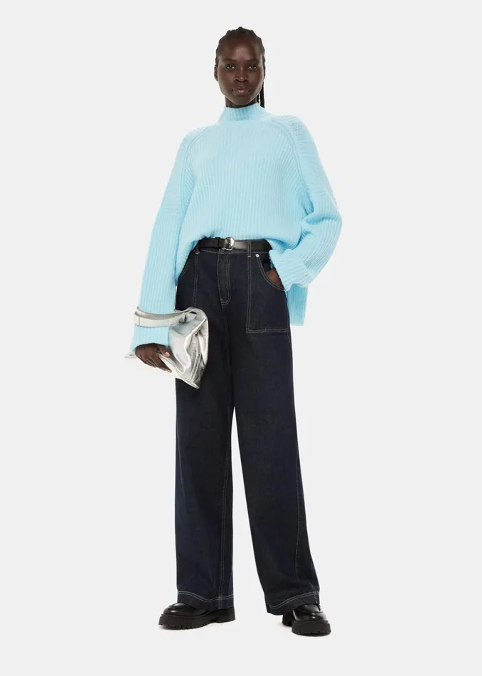 Women Knitwear and Cashmere Whistles Pale Blue Wool Mix Rib Funnel Neck
