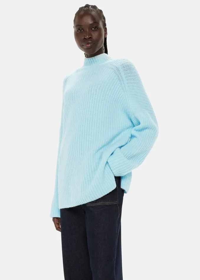 Women Knitwear and Cashmere Whistles Pale Blue Wool Mix Rib Funnel Neck