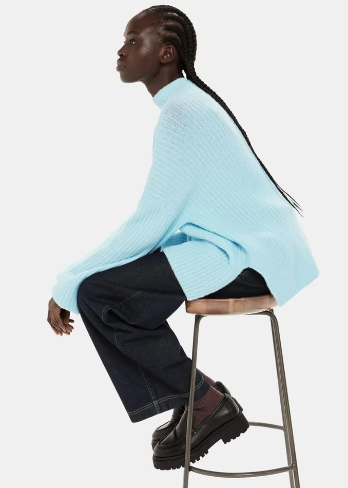 Women Knitwear and Cashmere Whistles Pale Blue Wool Mix Rib Funnel Neck