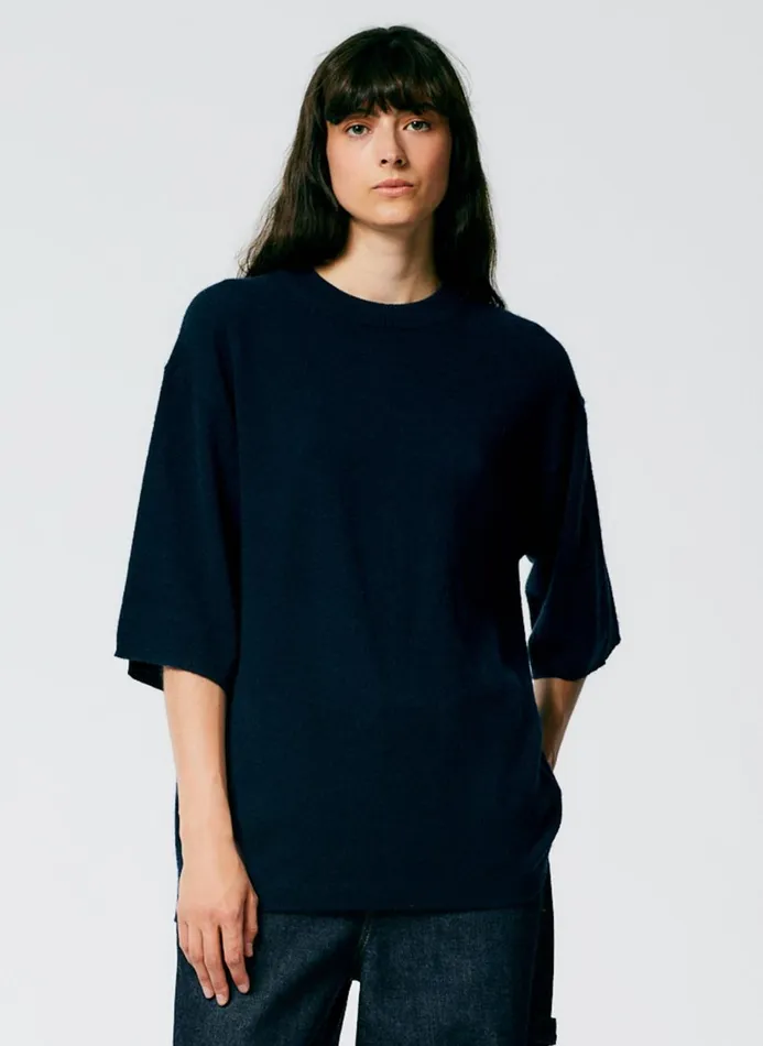 Women Knitwear and Sweatshirts Tibi Feather Weight Cashmere Oversized Easy TShirt Navy Women Knitwear and Sweatshirts Tibi Feather Weight Cashmere Oversized Easy TShirt Navy