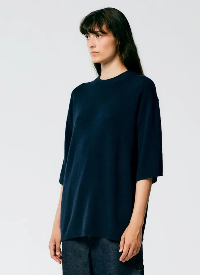Women Knitwear and Sweatshirts Tibi Feather Weight Cashmere Oversized Easy TShirt Navy
