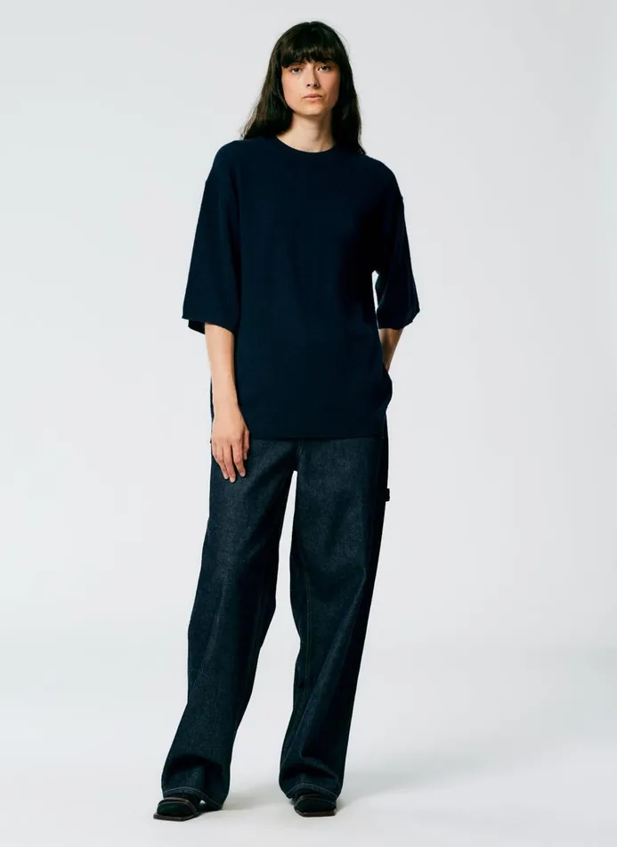 Women Knitwear and Sweatshirts Tibi Feather Weight Cashmere Oversized Easy TShirt Navy