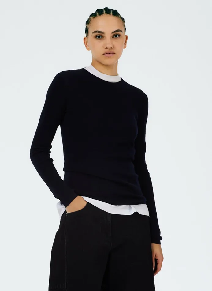 Women Knitwear and Sweatshirts Tibi Feather Weight Ribbed Crewneck Pullover Sweater Navy Women Knitwear and Sweatshirts Tibi Feather Weight Ribbed Crewneck Pullover Sweater Navy