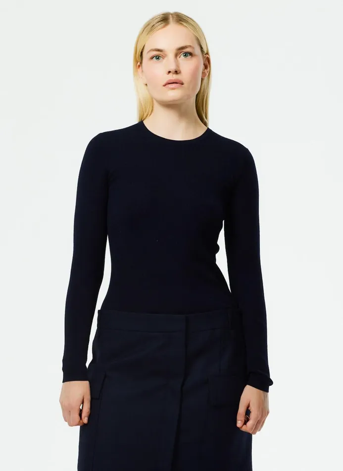 Women Knitwear and Sweatshirts Tibi Feather Weight Ribbed Crewneck Pullover Sweater Navy