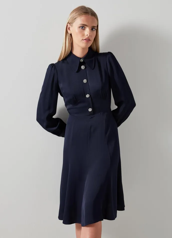 Women Mira Navy Crepe Long Sleeve Tea Dress Navy Blue LKBennett Dresses