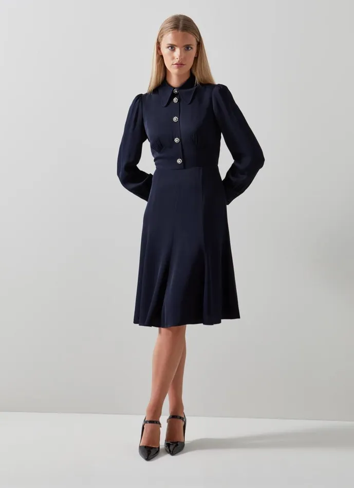 Women Mira Navy Crepe Long Sleeve Tea Dress Navy Blue LKBennett Dresses Women Mira Navy Crepe Long Sleeve Tea Dress Navy Blue LKBennett Dresses