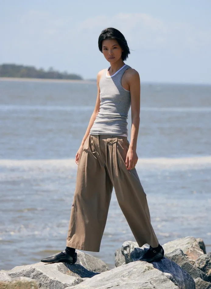 Women Pants and Shorts Tibi Bio Twill Triple Pleat Cropped Pant Vintage Khaki